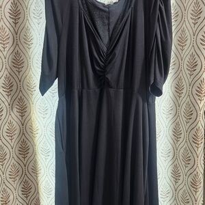 Black Midi Dress with Ruched V-Neck